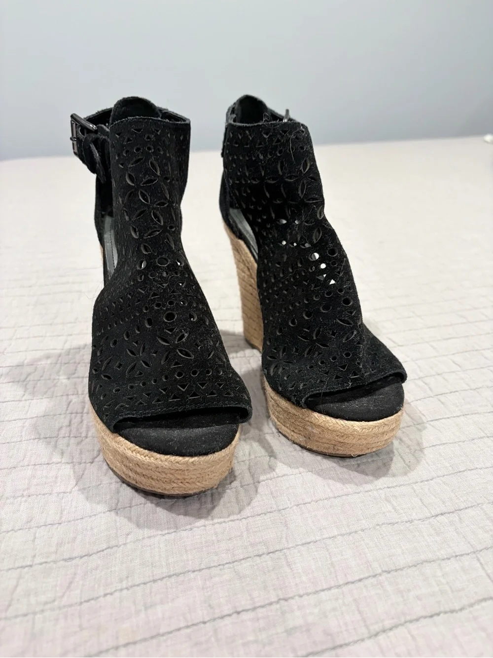 Marc Fisher Black Suede Laser-Cut Espadrille Wedge Sandals